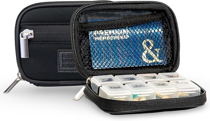Made Easy Kit Pill Case for Everyday and Travel - 7-Day Weekly Medicine Supplement Vitamin Organizer Sorter Tracker - Neoprene Bag with Pockets - Compact Portable 8 Compartments (Black)