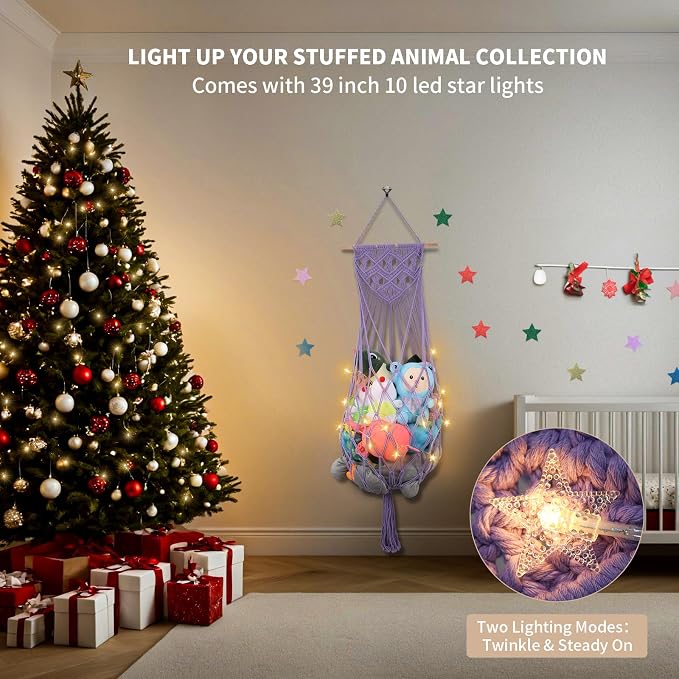 63Inch Stuffed Animal Storage Net Corner,Macrame Toy Hammock,Purple | Wall Ceiling Over Door Hanging Stuffed Animal Hammock Net,Plushies Organizer w/ Star Lights,Nursery Playroom Kid Room Decor