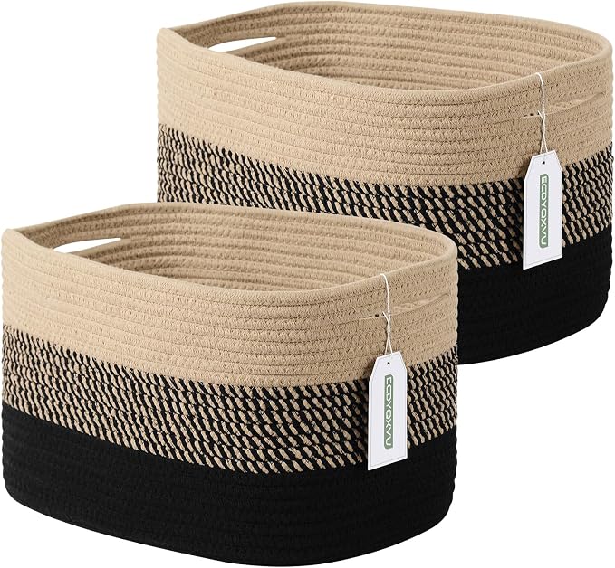 ECDYQXVU 15x10x9 Inch Woven Cotton Rope Storage Basket, 2 Pack | Foldable Design, Built-in Handles, Space-saving Organizer for Living Room, Bedroom, Laundry, Shelves, Clothes, Towels