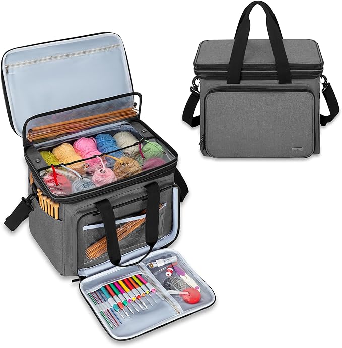 Teamoy Crochet Bag, Knitting Bag Yarn Storage Tote, Yarn Organizer, Gray | Yarn Holder for Crocheting, with Inner Divider and Cover, for Yarn Skeins, Project, Knitting Needles, and Crochet Supplies