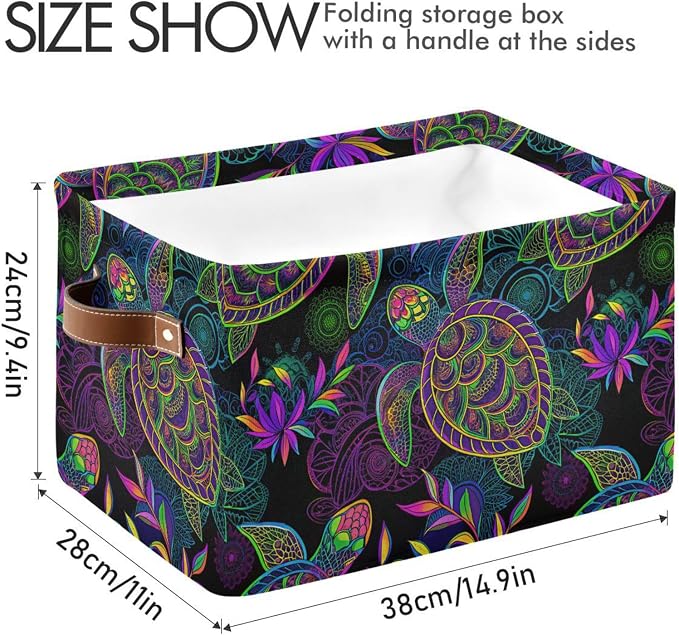 Large Storage Basket Bin Mandala Sea Turtle Storage Cube Box Foldable Canvas Fabric Collapsible Organizer with Handles for Home Office Closet