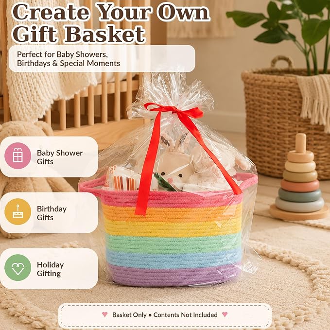 XUANGUO Woven Cotton Rope Storage Basket with Handles 13x10x9 inch Rainbow | Woven cotton rope basket for shelves and closets. Perfect for toys, books, clothes, nursery storage and gift baskets