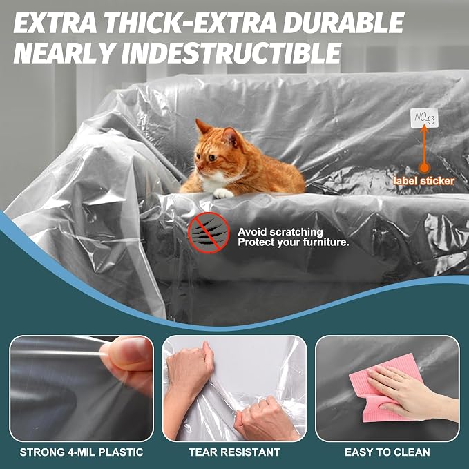 4 Pack Clear Plastic Moving Chair Furniture Covers for Storage | Extra Large 65x 42 x 34 Inch, Waterproof and Dust Proof With Label For Storage and Moving