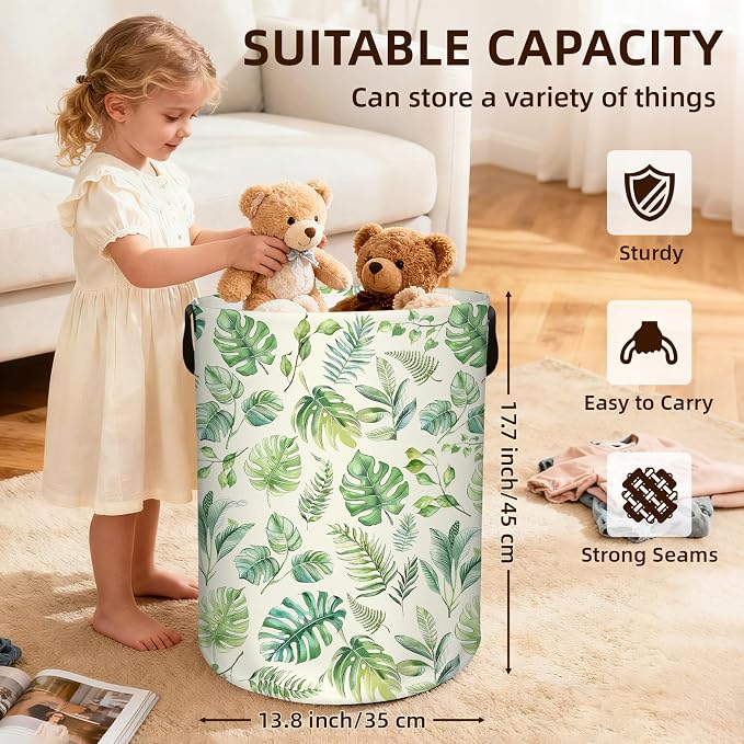 Green Laundry Hamper Boys Baby, Collapsible Nursery Laundry Basket for Bedroom, Round Waterproof Storage Bin with Handles for Toys, Storage Basket for Bathroom, Nursery Room Decor, 13.8x17.7in