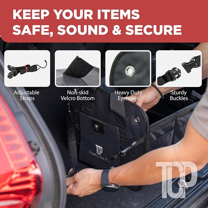 Car Trunk Organizer for SUV & Truck Cargo Storage, Large, Black | Fits Cars, SUVs & Trucks 4 Adjustable Compartments Non-Slip Base & Straps Foldable 11 Pockets Car Accessories