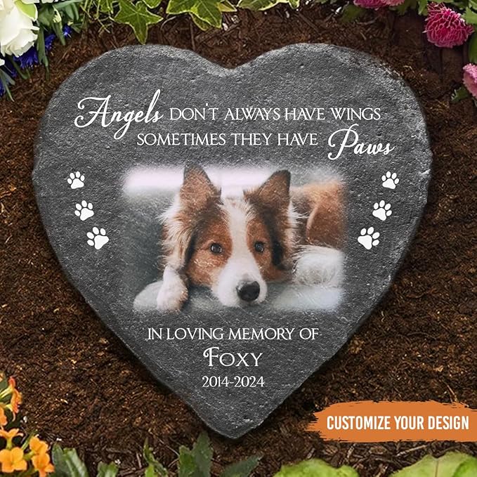 Wrappiness Pet Memorial Stone - Angels Sometimes Have Paws, Personalized Dog Memorial Gifts, Remembrance Condolences Bereavement Gifts for Loss of Pet Custom Photo (Heart 03, Stone)