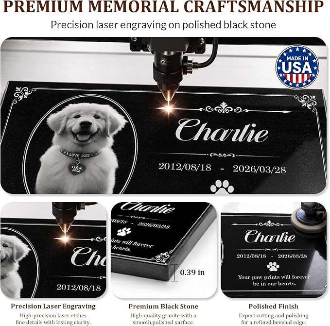 Personalized Pet Memorial Stone, Custom Granite Pet Grave Marker | for Dogs & Cats , Engraved Memorial Plaque with Photo Name Dates & Message, Indoor Outdoor Garden or Tabletop Display