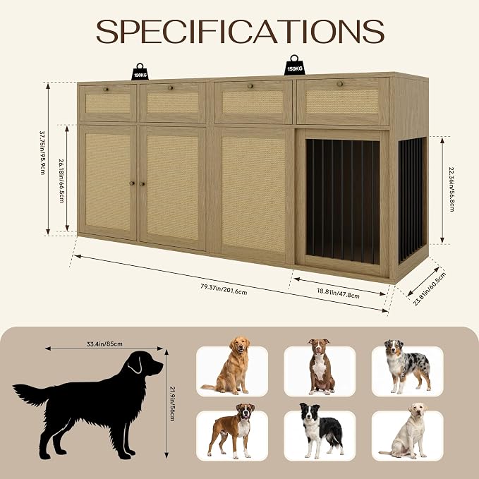 PureCozy 2-Piece Dog Crate Furniture, Right, 80 Inch, Light Oak | Right-unit kennel with metal sliding door plus cane storage cabinet and 4 total drawers; furniture-style indoor console.
