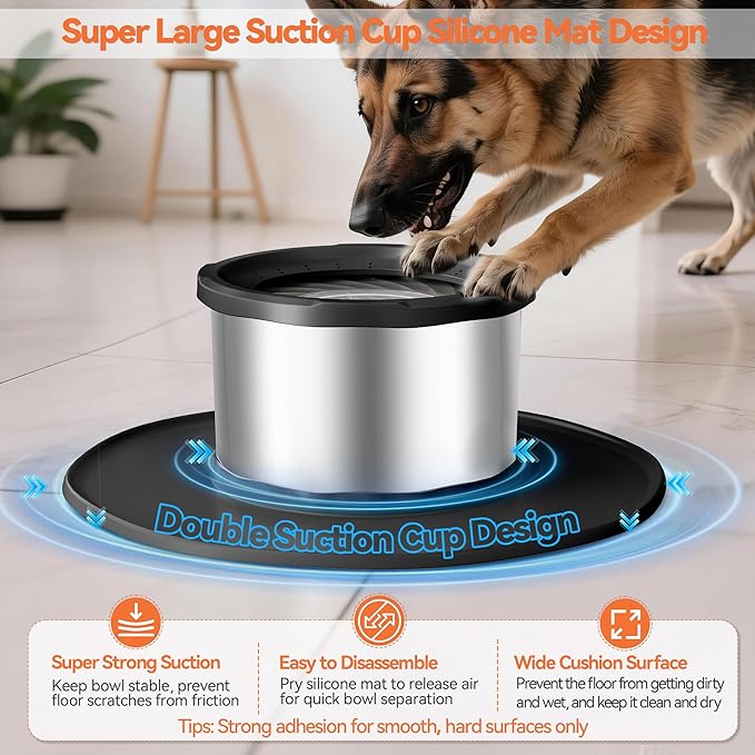 Decflow 12L No Spill Dog Water Bowl for Large Dogs, Stainless Steel Spill Proof Bowls with Suction Cup Anti-Skid Mat, Slow Feeder for Messy Drinkers, Heavy Duty Pet Bowls for Indoor/Outdoor Black