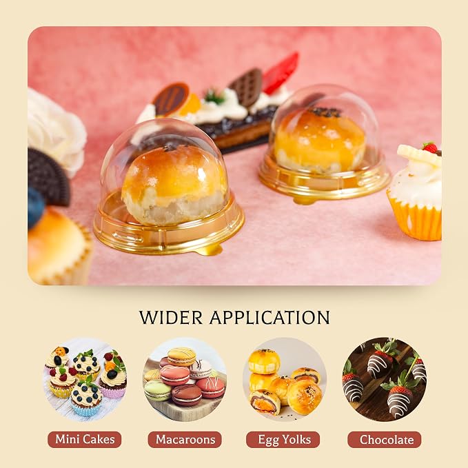 NPLUX 100 Pack Gold Mini Individual Cupcake Containers with Clear Lids | 100 clear PET Cupcake Boxes,2.8x2 IN,Desk Pet,Mini Cupcake Holder,for Weddings, Holiday Gifting, and Dessert Displays