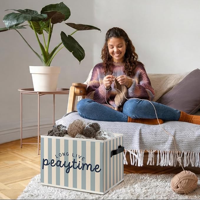 Playroom Foldable Storage Bins Box with Handles, Kids Playroom Decor, Blue Striped Long Live Playtime Decorative Storage Boxes Baskets Toybox Organizer for Kids Nursery Room Bedroom