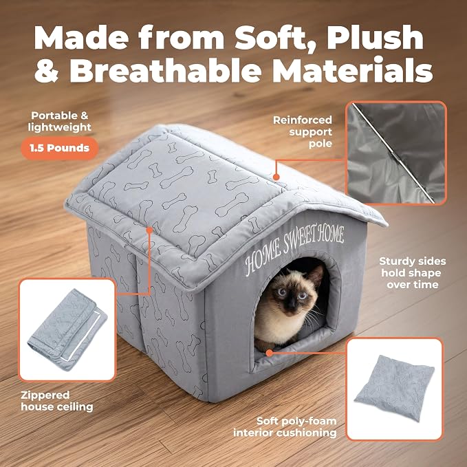Best Pet Supplies Cat Bed for Indoor Cat, Domed Tent House with Removable Pillow, Covered Cat Cave for Small Dog, Puppies and All Breeds of Cats - Silver w/ Bones, 16 x 16 x H:14"