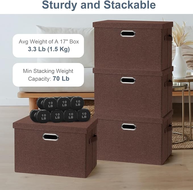 Storage Bins with Lids Fabric Closet Organizers Cubes Office Organization | 36 Quart 3 Pack Dark Red Collapsible Stackable Linen Fabric 4 Handles Bedroom Closet Cabinet Under Bed Clothes Toy Office