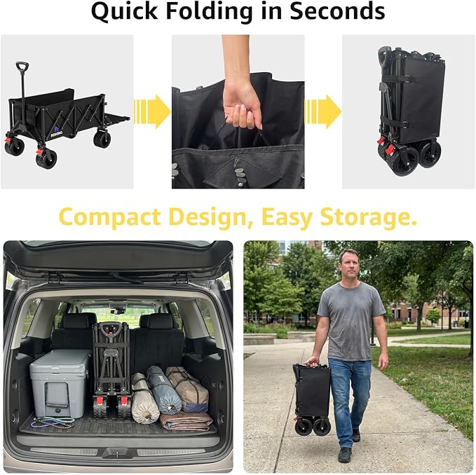 220L Folding Wagon with Detachable 14 Gallon Cooler Bag, Extra Large All-Terrain Heavy Duty Collapsible Beach Wagon Cart with Big Wheels, Foldable Utility Cart for Camping, Tailgate