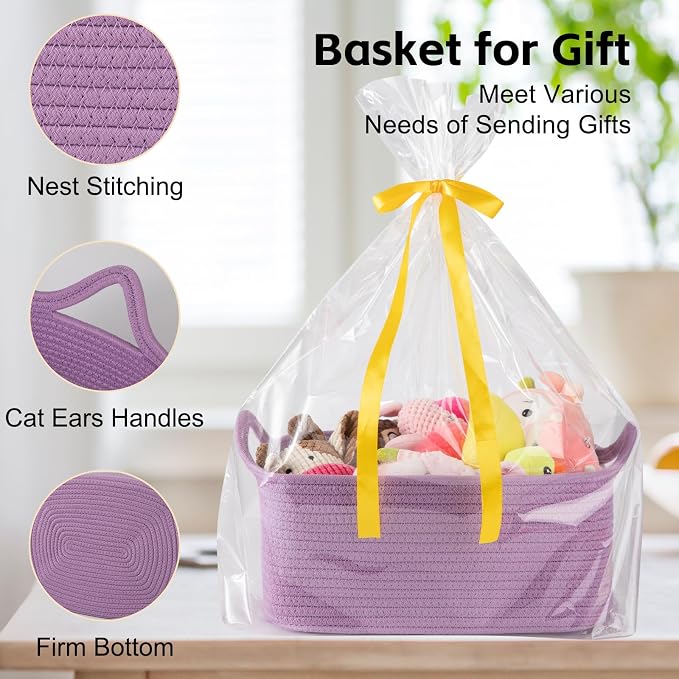 OIAHOMY Woven Basket, Gift Basket Empty with Gift Bags and Ribbons, Rope Baskets for Baby Showers, Storage Baskets with Handles for Nursery, Pet Toy Organizer - Lilac Purple