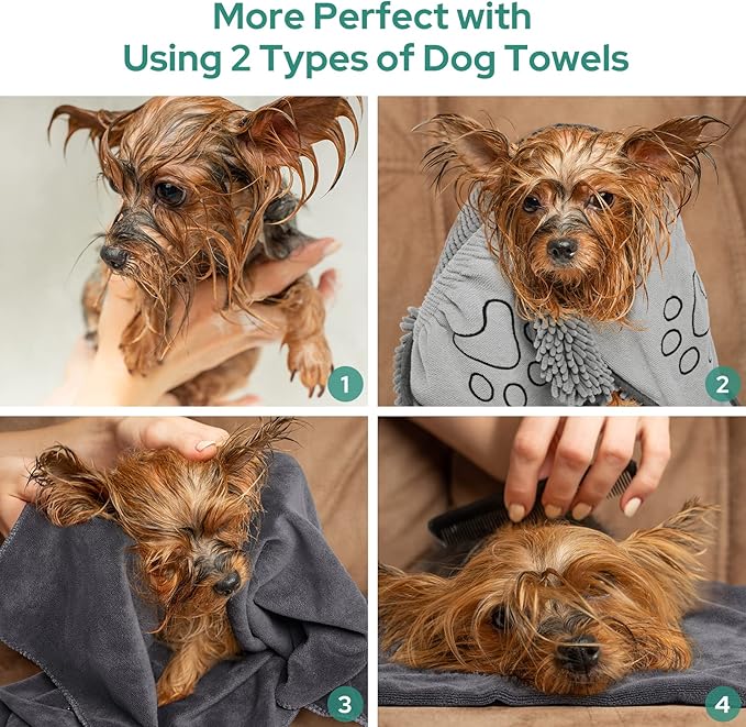 HOMEIDEAS 2 Pack Dog Towels Set, Chenille and Microfiber, Super Absorbent Soft Bath Shammy Towel with Hand Pockets for Pets Drying