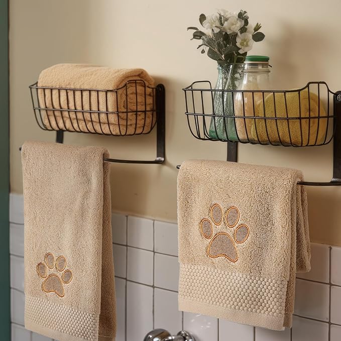 SmoothNovelty 2 Pcs Dog Paw Hand Towels Bathroom Decor 13 x 29 Inch 100% Cotton Embroidered Soft Hand Towels Absorbent Farmhouse for Kitchen Restroom (Brown)