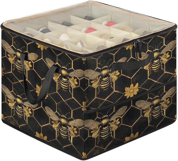 TropicalLife Vintage Bee Honeycomb Shoe Organizer for Closet | Golden Flower Foldable Shoe Storage Organizer Box Bin with Adjustable Dividers and Clear Cover, Fits up to 16-32 Pairs