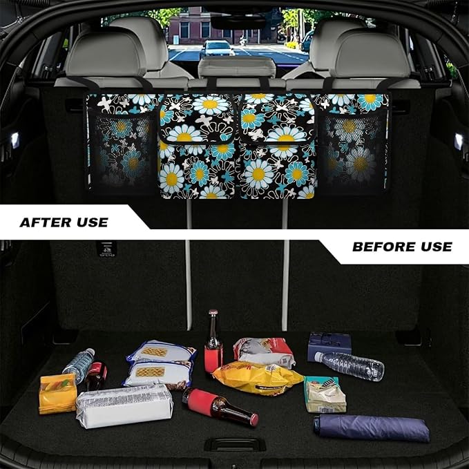 Dreaweet Car Trunk Organizer Storage Backseat Hanging Organizer Bag Hippie Flower Car Storage Accessories Interior for Women Waterproof Collapsible Trunk Organizer for SUV Trucks Sedan Van