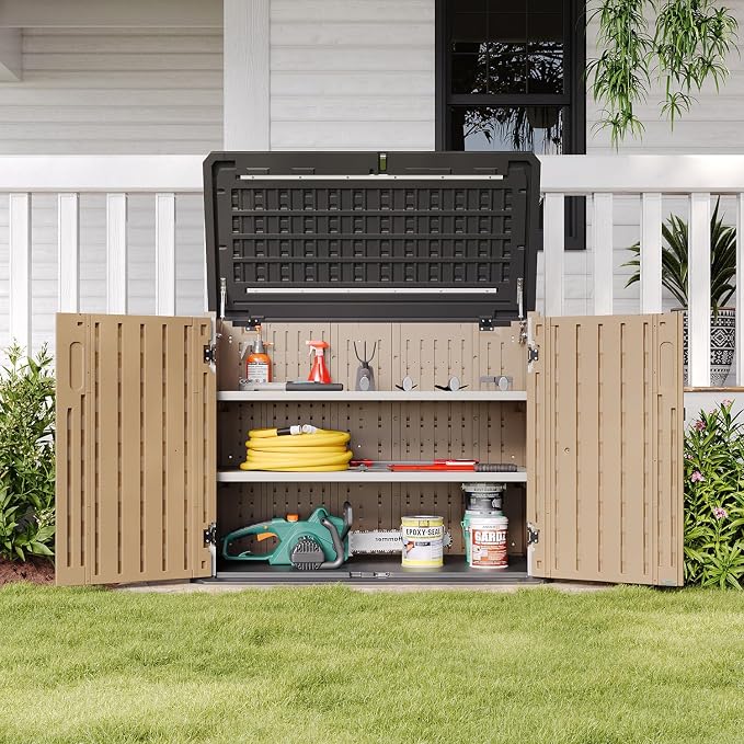 Aoxun Outdoor Storage Cabinet 35 Cu.Ft 2 Shelves, Brown | Outdoor Trash Can Storage Shed Waterproof Horizontal Storage Shed Outdoor Storage for Garbage Bin, Generator
