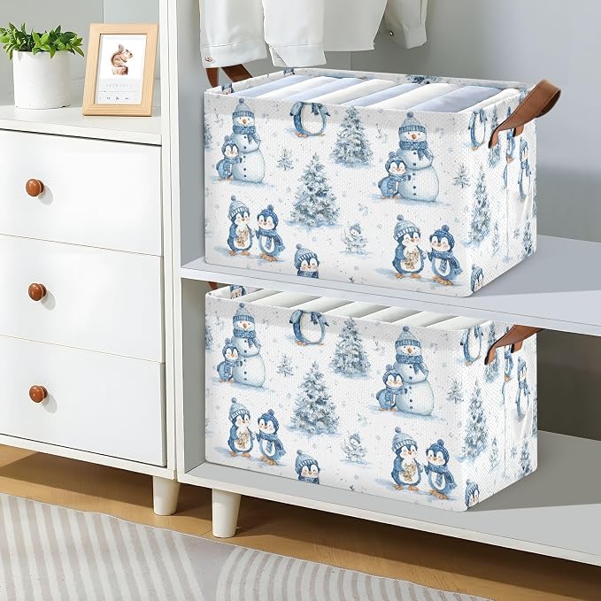 Snowman and Penguin Blue Winter Storage Basket Foldable Cube Storage Bins with Handles&Label Waterproof Collapsible Organizer Box Bin Large Rectangle Decorative Baskets for Shelves Home Room Laundry