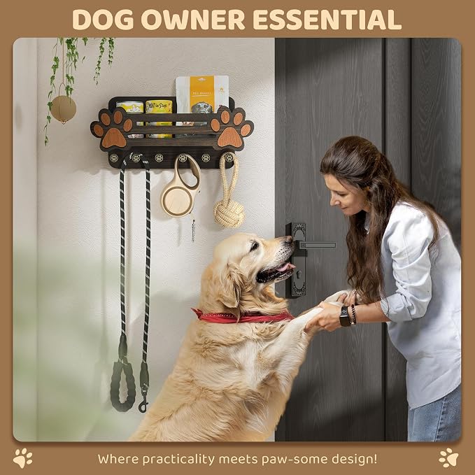MTERSN Dog Leash Holder for Wall with Floating Shelf & 6 Hooks, Dark Brown | 3D Paw-print Design, Mail Organizer Store Dog Stuff, Cute Dog Accessories Organizer with Shelf, Ideal for Farmhouse Decor