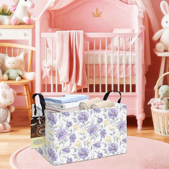 Rectangle Foldable Storage Basket Handles For Home, Purple Flowers | Waterproof canvas material, reinforced handles, perfect for shelf use, organizes clothes, daily items and pet supplies