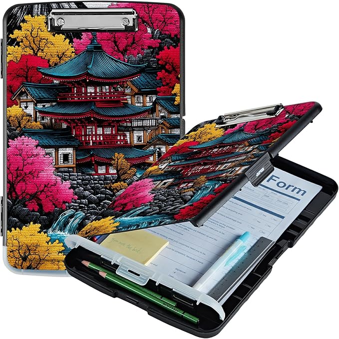 A4 Clipboard with Storage Pen Holder, Clipboards Organizer Nursing Clipboard Foldable File Folder Plastic Clipboard Folio Clip Board for Office Work Classroom Doctor, Pink Leaf House