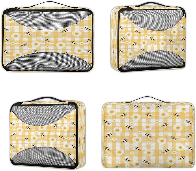 Honeybee Bee Packing Cubes for Travel, Luggage Packing Organizers, Bees Daisies Honey Travel Accessories Large Toiletries Bag for Clothes Shoes Cosmetics Toiletries