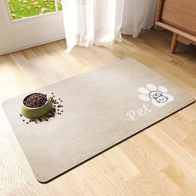 Dog Cat Feeding Mat-Absorbent Pet Bowl Mat for Food and Water, Quick Dry Water Dispenser Mat for Floors with Waterproof Rubber Backing, Large Dogs Placemat Mats for Messy Drinkers,17"x27",Taupe