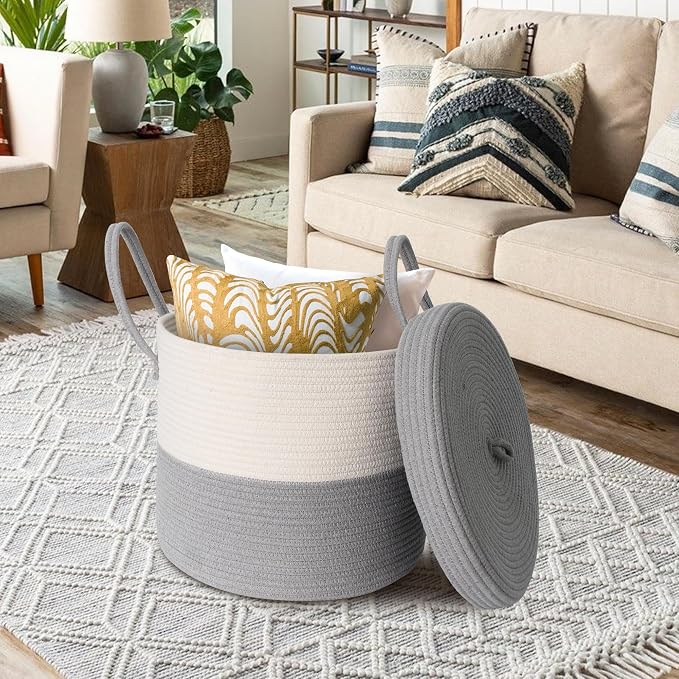 Storage Basket with Lid, Blanket Basket Living Room, Large Woven Cotton Rope Baskets for Storage, Kids Toy Storage Bin, Wicker Laundry Basket, Blankets Pillows Organizer Holder,15"x13", Gray