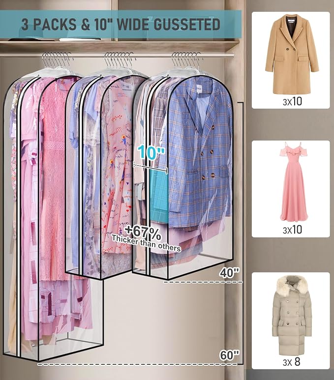 MISSLO 10" Gusseted All Clear Garment Bags for Hanging Clothes 40"+60" Suit Bags for Closet Storage Dresses Protectors for Shirts, Coats, Gowns, 3 Packs