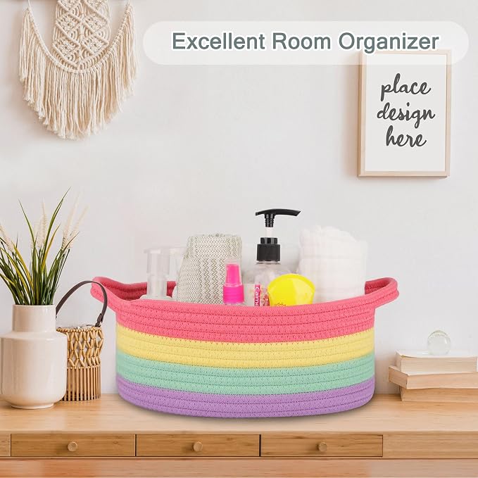 COMSE Empty Small Gift Basket with Bag & Ribbons, Rainbow | Cotton Rope, 12"x 8"x 5", Baby Toy Organizer, Stores Small Items for Bedrooms, Nurseries, Bathrooms, Living Rooms, Offices