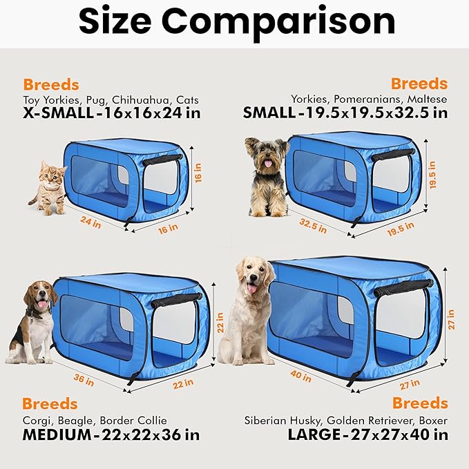Portable Collapsible Pop Up Kennel, 36" L x 22" W x 22" H, Blue | Collapsible indoor/outdoor travel cat and dog crate with mesh screen windows pops up and folds flat for easy storage