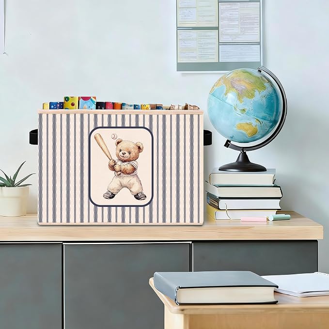 Baseball Teddy Bear Sports Foldable Fabric Storage Bin | Sports teddy bear stripe design; foldable fabric storage bin for kids room, nursery, playroom, toys, books, clothes.