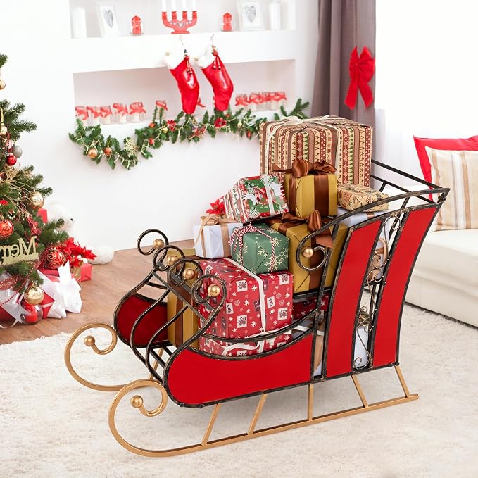 Metal Santa Sleigh, Christmas Santa Sleigh Basket w/ 2-Tier Storage Shelf Big Loading Area for Gifts, Reindeer Outdoor Decoration for Indoor Holiday Decor Lawn Yard Home Pets Trailer Party