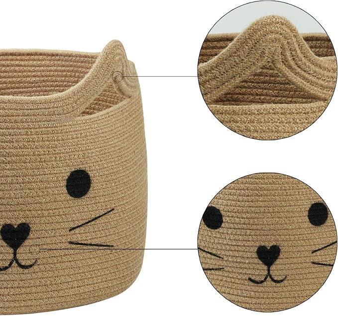 Large Woven Rope Cat Toy Basket with Cat Face Design, Jute | 15.7" x 11.8" Toy Bin & Box for Living Room Nursery, Baby Storage Basket for Towels, Blankets, with Sturdy Handles