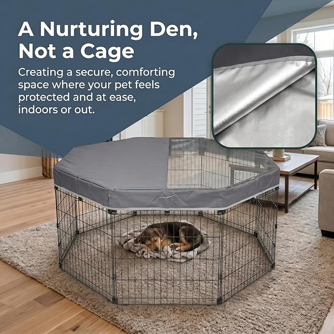 PJYuCien Octagonal Playpen Top Cover for 24" Side Metal Pet Pen, Gray | Cozy Den for Puppy Small Animals, Half Mesh Half Oxford with Silver Coating, Predator & Weather Protection, Snap Hooks