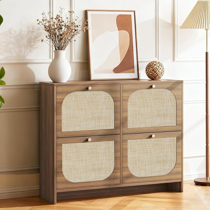 Freestanding Ultra Slim Fluted Accent Shoe Storage Cabinet for Entryway - 4 Flip Drawers & 3-Tier Adjustable Shelves, Farmhouse Modern Rustic Shoe Rack for Hallway, Foyer, Living Room
