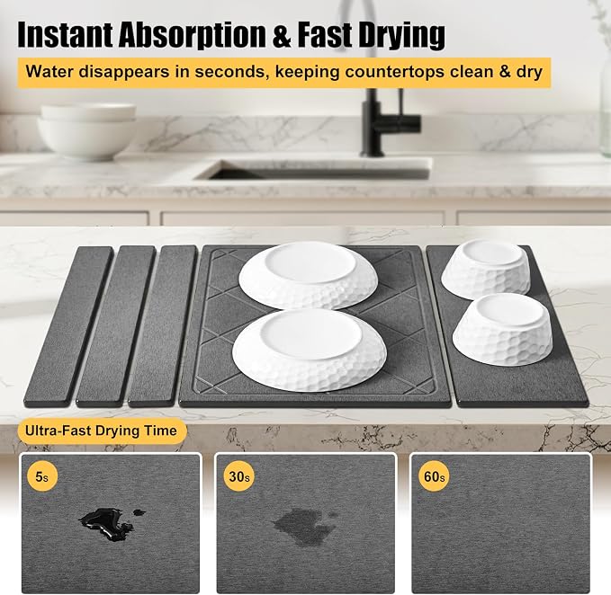 3-in-1 Collapsible Stone Dish Drying Mat for Kitchen Counter | Foldable Water Absorbing Diatomaceous Earth Drying Organizer Pad for Plate Rack Bottles Utensils (Gray - Grid Pattern, 24‘"x16")