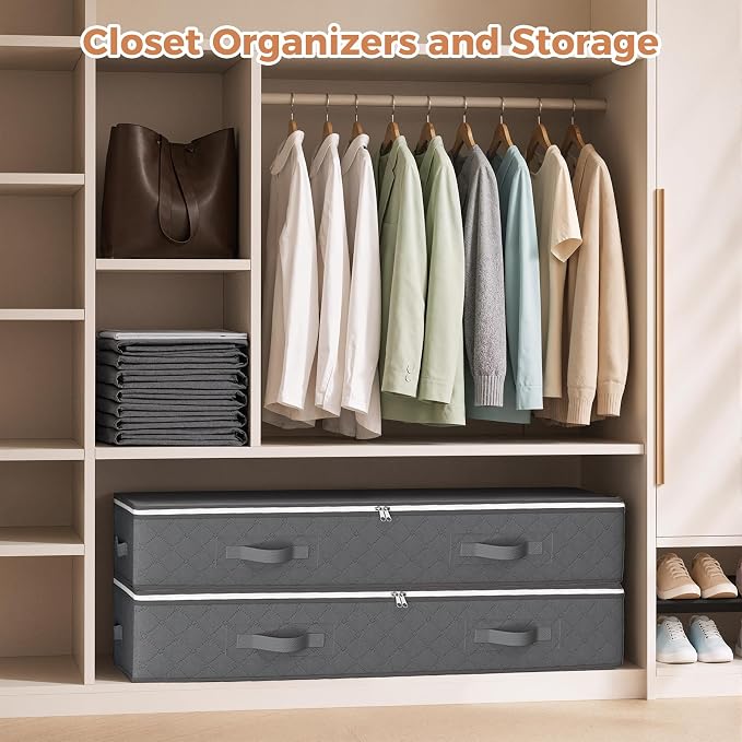 95L Under Bed Storage Containers, 6 Pack Storage Bins, Grey | Foldable underbed storage bins for linen sheets, blanket, clothing, comforter, sweaters, pillows, wrapping paper