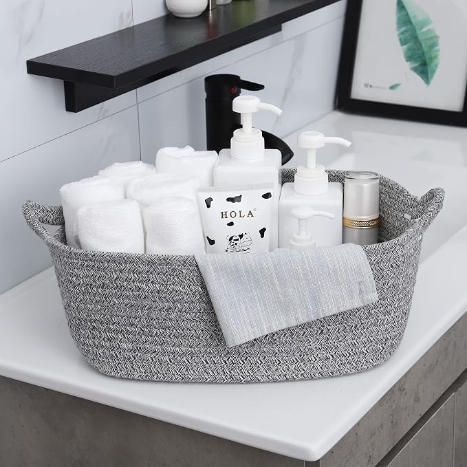 ABenkle Small Storage Basket with Handles, Cotton Rope Woven Dog Cat Toy Bin, Decorative Shelves Closet Organizing for Nursery Laundry Bedroom Bathroom, 14.2''x 11''x 5.1''