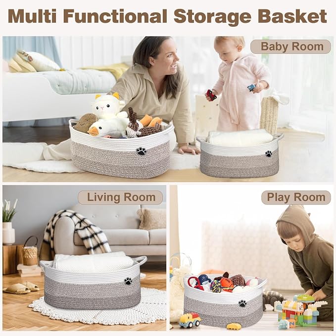 Optish 25L Dog Toy Basket,16.5" x 11" x 9" Medium Toy Storage Box and Bin with Handles, Woven Rope Foldable Basket for Blankets, Living Room, Bedroom, Home Decor, White & Brown