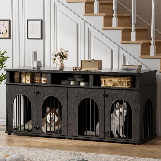 Garvee Double Dog Crate Furniture 71 in Dog Kennel Furniture for 2 Medium Dogs, Heavy Duty Dogs Cage XL Dogs House Indoor with 3 Storage Shelves, Large Puppy Crates with 8 Adjustable Feet