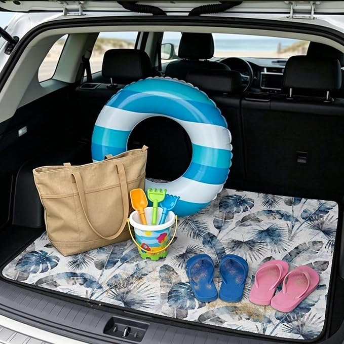 Leaf Print Cargo Mat Rear Trunk Liner, Universal All Weather Car Trunk Mat 29" x 39", Non Slip Washable Durable Pet Friendly Gray Blue Cargo Protection