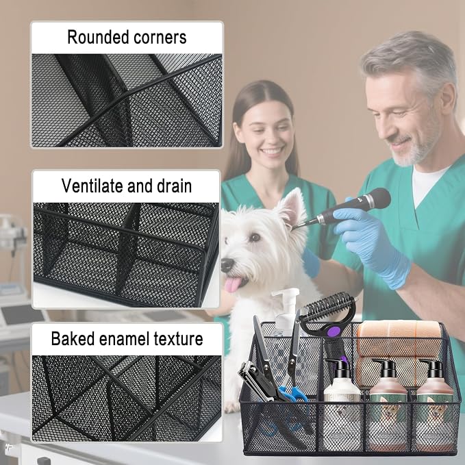 Universal Pet Grooming Supplies Organizer, Dog Storage Organizer for Grooming Supplies, 6-Compartment Mesh wire Dog Stuff Storage Organizer for Dogs Cat Grooming Blanket,Shampoo,Trimmer,Clipper,Brush