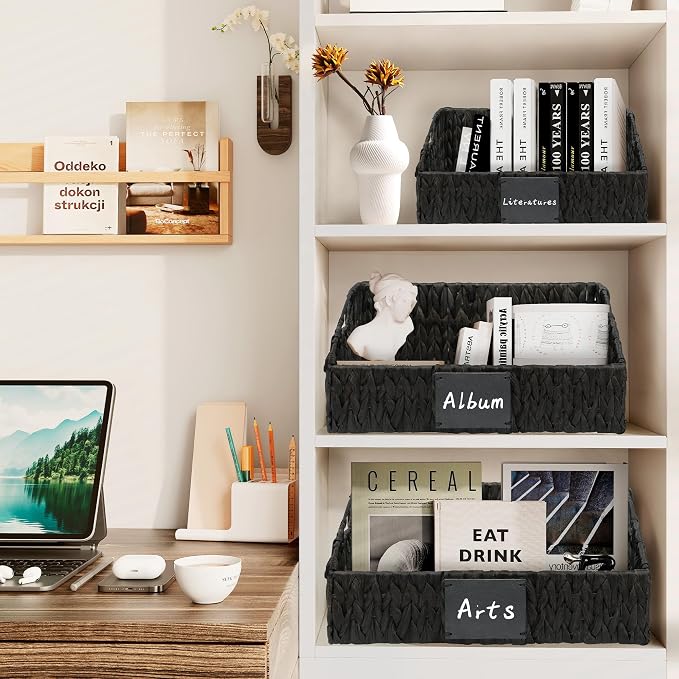 Black Pantry Baskets, Wicker Baskets for Shelves Organizing | Handwoven Pantry Organizers and Storage with Built-in Handles, Laundryroom Organization Storage Bins for Snack Cans