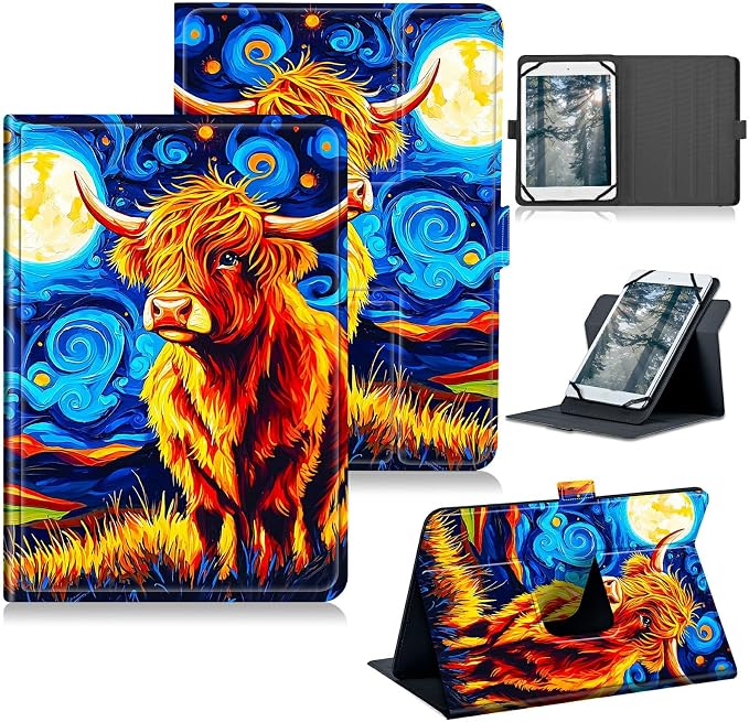 Universal Tablet Case for T-Mobile Revvl Tab 2 10.1" Model:9185W 2025/Revvl Tab 5G 10.36" 2023, 360 Degree Rotating Kickstand Protective Stand PU Leather Shell Cover for 9"-10.5", Star Cow