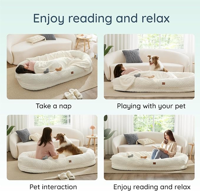 ChiXnuggle Orthopedic Human Dog Bed,with Faux Fur Washable Cover,Blanket | white,72*40*10,giant dog bed for adult or extra large dogs,egg crate foam,non-slip bottom