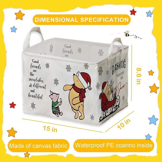 Winnie Theme Christmas Nursery Decor,the Pooh Christmas Gift,Large Canvas Laundry,Hamper Winnie Baby Stuff with A Waterproof PE Coating,Foldable Toys Bin